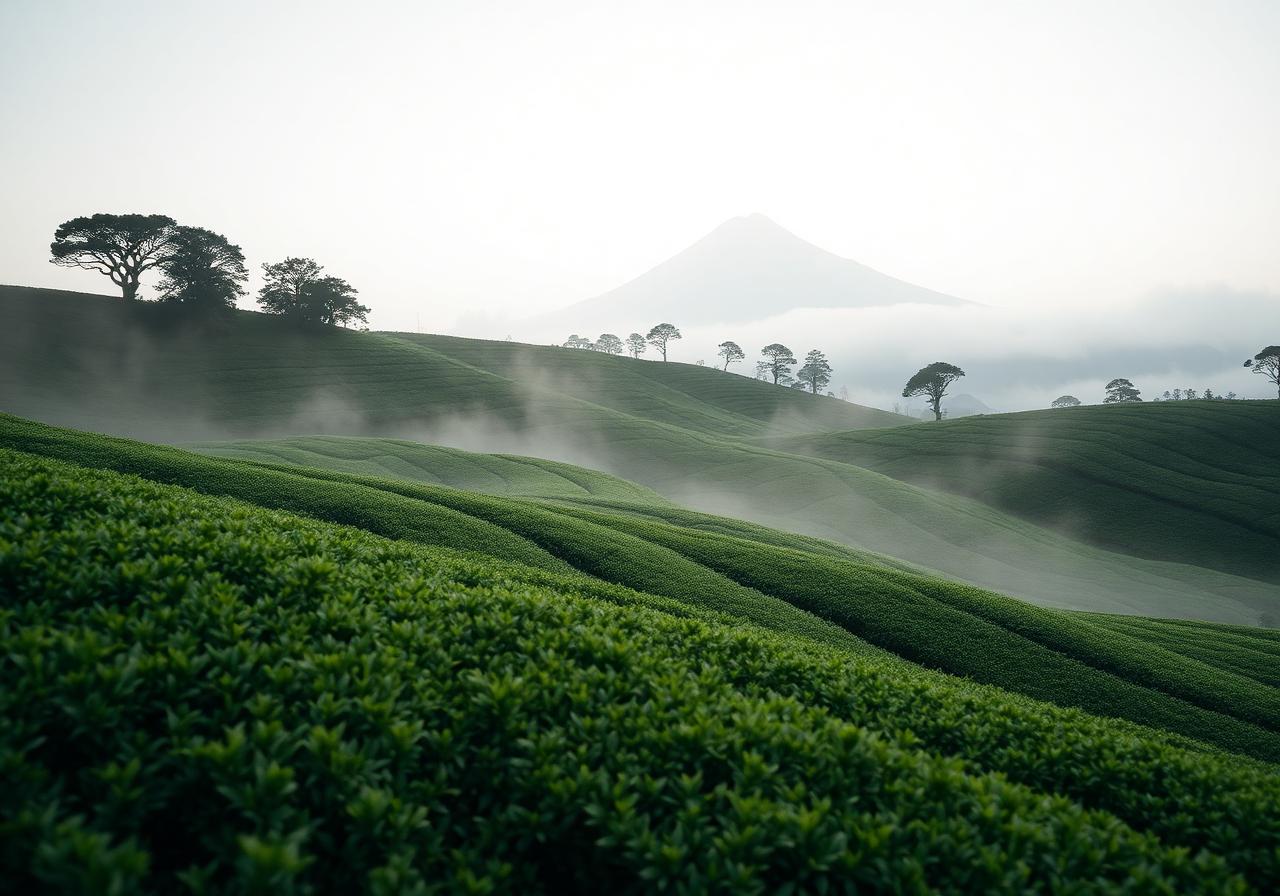 Campos de té en Kagoshima con el volcán Sakurajima al fondo