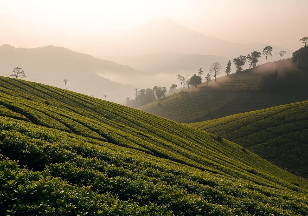 Hileras de té en Shizuoka con el monte Fuji difuminado